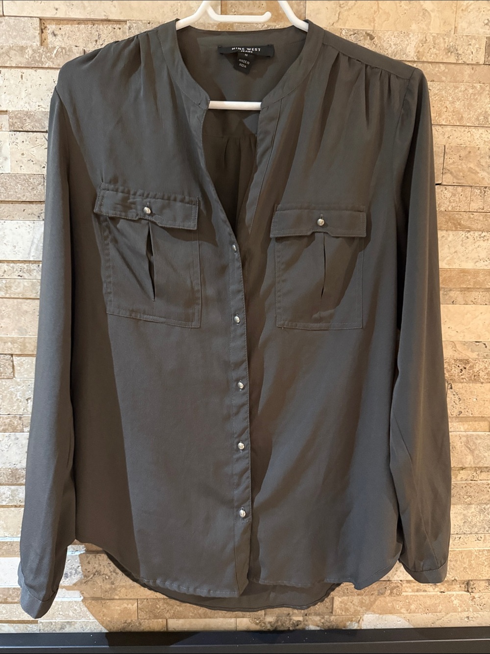 Nine West Gray Utility Pocket Button-Down Blouse